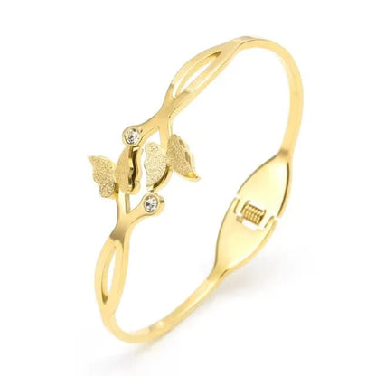 Adjustable Gold Plated Bangle Bracelet with Rhinestone Butterfly