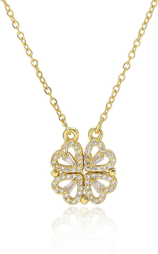 Four Leaf Clover Necklace, 14K Gold Plated, Heart Magnetic Necklace, for Women, 15.8”+2”inch