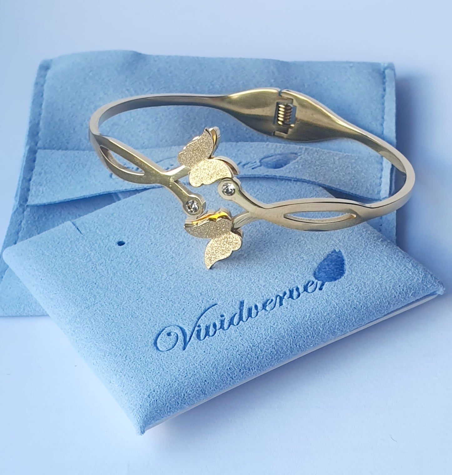 Adjustable Gold Plated Bangle Bracelet with Rhinestone Butterfly