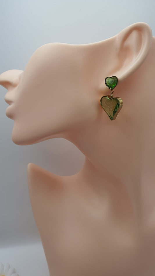 Double Crystal Heart Hanging Earrings | Light Green | GalsFolks Jewelry