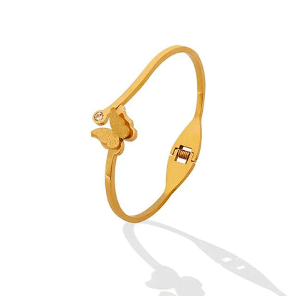 Adjustable Gold Plated Bangle Bracelet with Rhinestone Butterfly