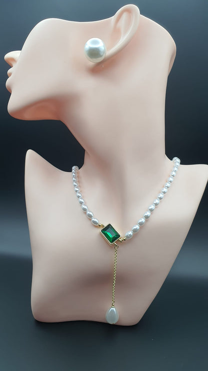 GalsFolks VividVerve White Pearl Necklace with Green Stone Pendant - Timeless Elegance