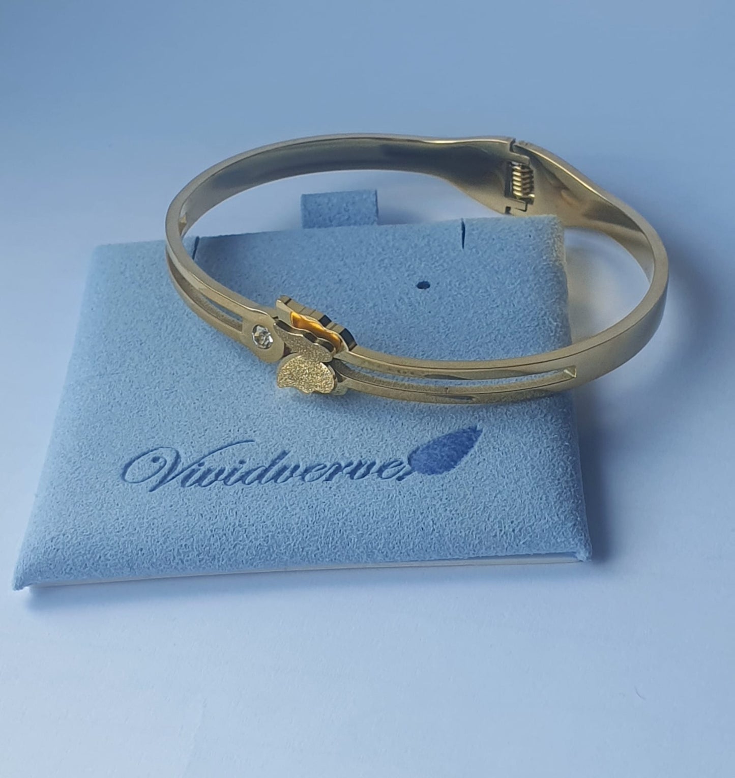 Adjustable Gold Plated Bangle Bracelet with Rhinestone Butterfly