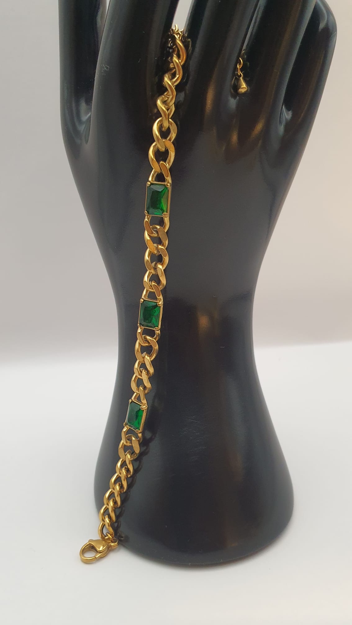 Elegant Rectangle Green Stone with Golden Chain Bracelet