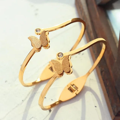 Adjustable Gold Plated Bangle Bracelet with Rhinestone Butterfly