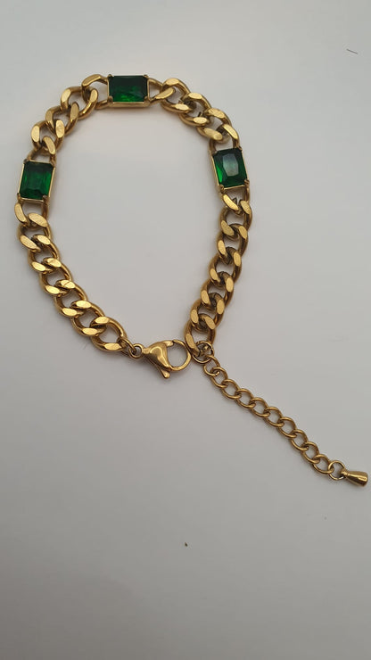 Elegant Rectangle Green Stone with Golden Chain Bracelet